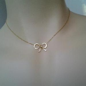 Gold Bow pendant Necklace, Tiny Bow..