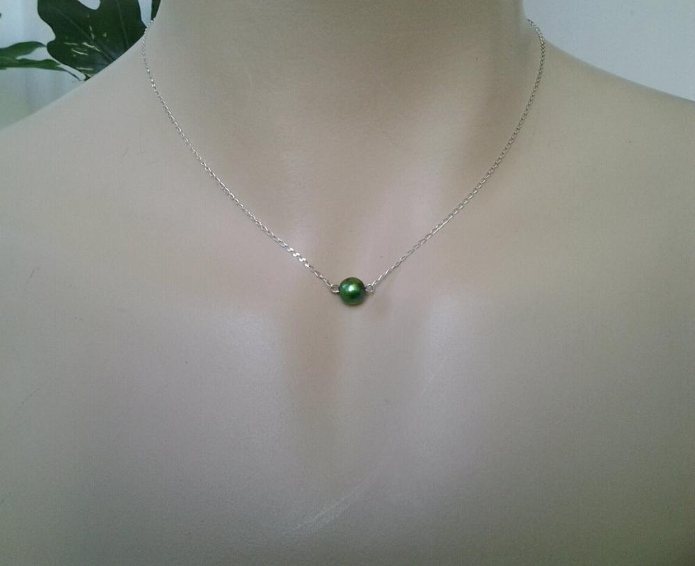 Green Freshwater Pearl Pendant Necklace - Single Green Pearl Necklace - Sterling Silver Chain